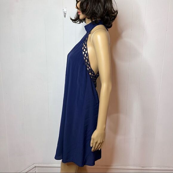Lulus Size Medium Any Sway Shape or Form Navy Blue Lace Halter Mini Swing Dress - Picture 4 of 9
